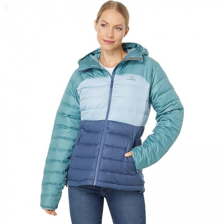 L.L.Bean Bean's Down Hooded Jacket Color-Block Vintage Indigo/Mineral Blue ID-FtAKRUjs - Click Image to Close