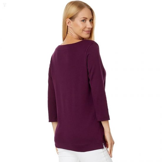 L.L.Bean Pima Tops Split-Neck Tunic 3/4 Sleeve Royal Plum ID-YONDdsXZ