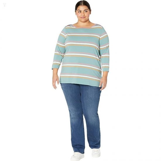 L.L.Bean Plus Size Soft Stretch Supima Boatneck 3/4 Sleeve Stripe Sea Pine Multi Stripe ID-k8pUjASP