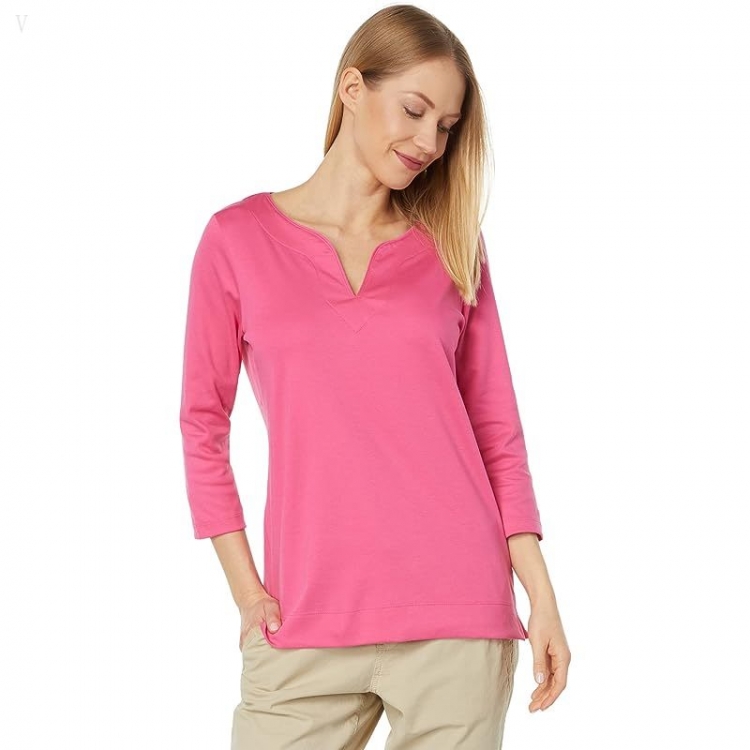 L.L.Bean Pima Tops Split-Neck Tunic 3/4 Sleeve Azalea ID-qmUYxQ8a - Click Image to Close