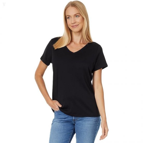 L.L.Bean Petite Pima Tops Shaped V-Neck Short Sleeve Tee Black ID-IwaW54J0