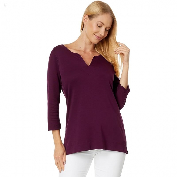 L.L.Bean Pima Tops Split-Neck Tunic 3/4 Sleeve Royal Plum ID-YONDdsXZ - Click Image to Close