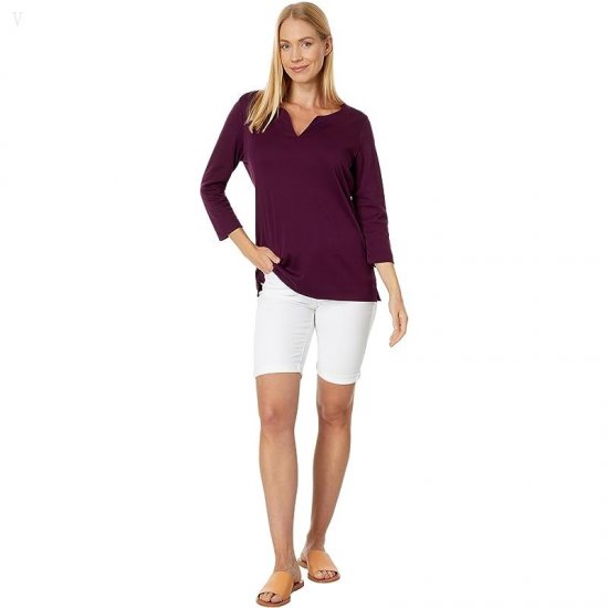 L.L.Bean Pima Tops Split-Neck Tunic 3/4 Sleeve Royal Plum ID-YONDdsXZ