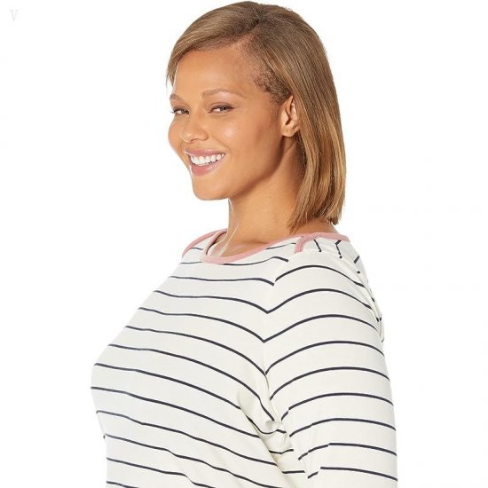 L.L.Bean Plus Size Soft Stretch Supima Boatneck 3/4 Sleeve Stripe Sailcloth/Classic Navy ID-xuuQd884