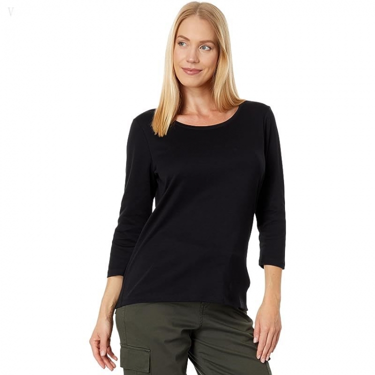 L.L.Bean Pima Cotton Shaped Jewelneck Tee 3/4 Sleeve Black ID-pZ8HRnMZ - Click Image to Close