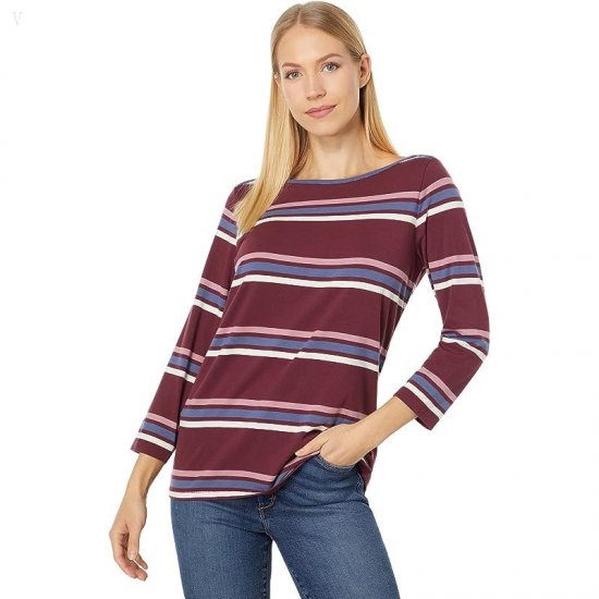 L.L.Bean Soft Stretch Supima Boatneck 3/4 Sleeve Stripe Deep Wine Multi Stripe ID-En2DmqXz