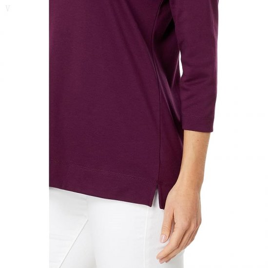 L.L.Bean Pima Tops Split-Neck Tunic 3/4 Sleeve Royal Plum ID-YONDdsXZ