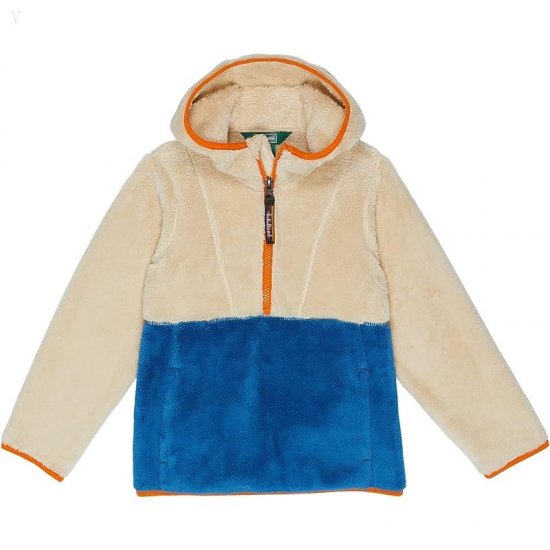 L.L.Bean Hi-Pile Fleece Color-Block Pullover Hoodie (Big Kids) Natural/Marine Blue ID-B3iDS9SB