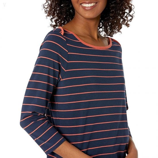 L.L.Bean Soft Stretch Supima Boatneck 3/4 Sleeve Stripe Classic Navy/Chili ID-y1CcRvzC