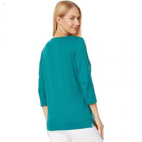 L.L.Bean Pima Tops Split-Neck Tunic 3/4 Sleeve Warm Teal ID-1sXeE1IB