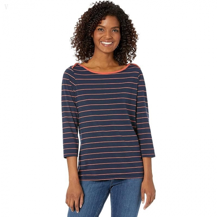 L.L.Bean Soft Stretch Supima Boatneck 3/4 Sleeve Stripe Classic Navy/Chili ID-y1CcRvzC - Click Image to Close