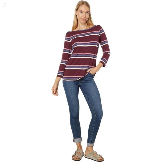 L.L.Bean Soft Stretch Supima Boatneck 3/4 Sleeve Stripe Deep Wine Multi Stripe ID-En2DmqXz