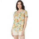 L.L.Bean Organic Cotton Smocked Notch Neck Tee Short Sleeve Print Sunset Gold Floral ID-KQzW34TK