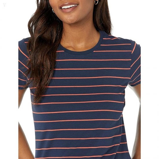 L.L.Bean Soft Stretch Supima Tee Crew Neck Striped Short Sleeve Classic Navy/Chili ID-nwDh7bsR