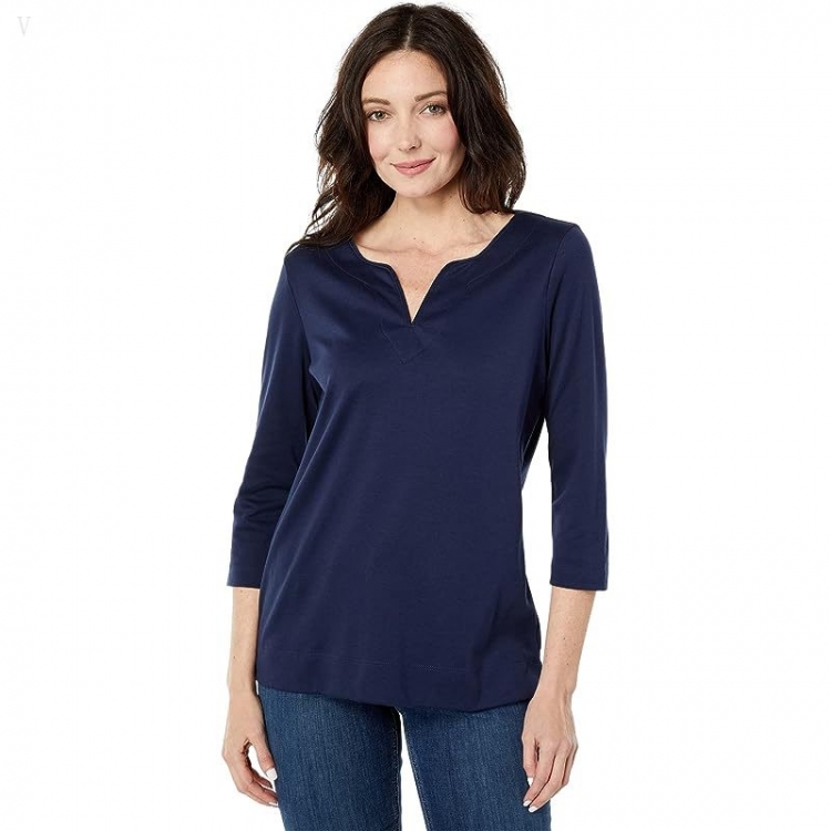 L.L.Bean Pima Tops Split-Neck Tunic 3/4 Sleeve Raven Blue ID-PUf93JN8 - Click Image to Close