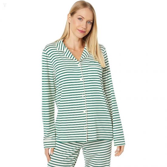 L.L.Bean Super Soft Shrink-Free Button Front Pajama Set Stripe Emerald Spruce ID-WMAnMvzP