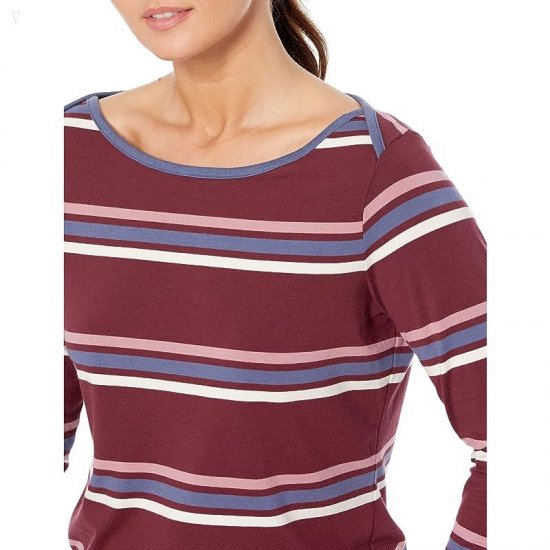 L.L.Bean Petite Soft Stretch Supima Boatneck 3/4 Sleeve Stripe Deep Wine Multi Stripe ID-s8pRo7qu