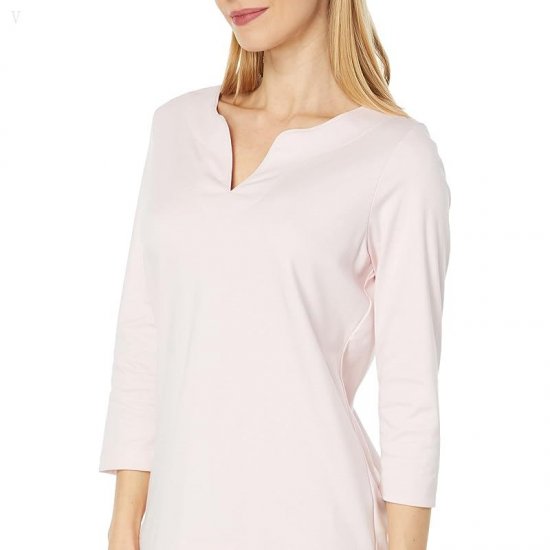 L.L.Bean Pima Tops Split-Neck Tunic 3/4 Sleeve Pale Rose ID-I9SpdaH9