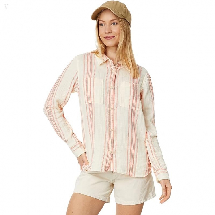 L.L.Bean Cloud Gauze Shirt Long Sleeve Sunlit Coral Stripe ID-a5IrdQaM - Click Image to Close