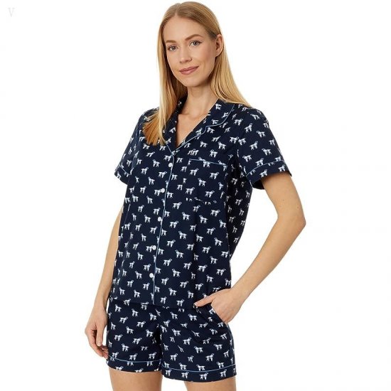 L.L.Bean Springtime Sleep Pajama Shorts Set Classic Navy Buffalo Dog ID-XkN656In