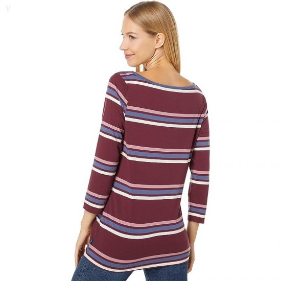 L.L.Bean Soft Stretch Supima Boatneck 3/4 Sleeve Stripe Deep Wine Multi Stripe ID-En2DmqXz