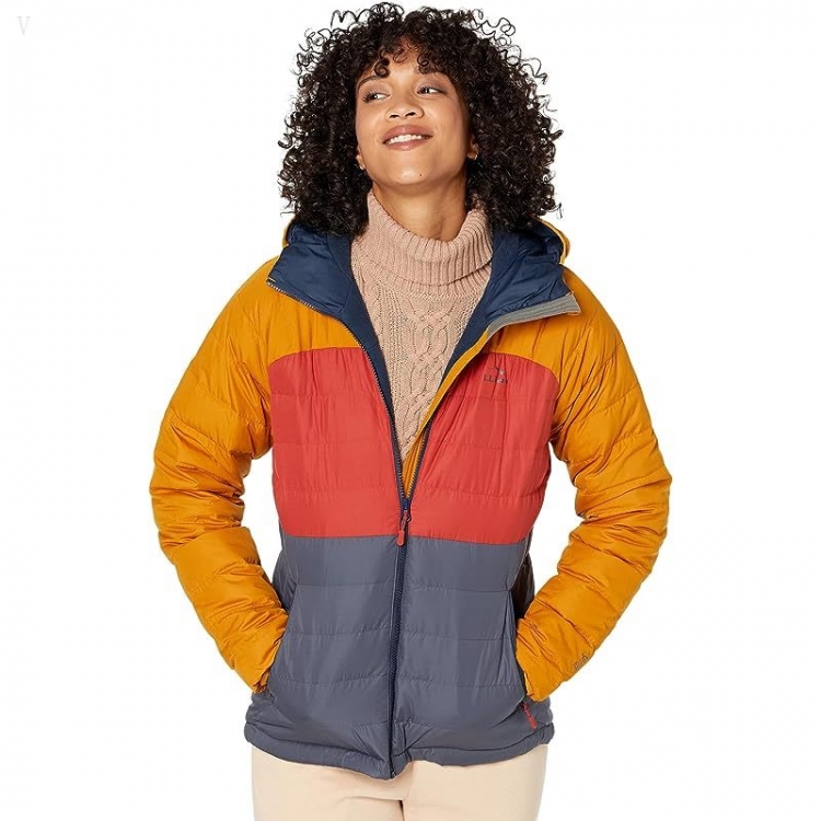 L.L.Bean Bean's Down Hooded Jacket Color-Block Nautical Navy/Bright Bronze ID-phJ1occH - Click Image to Close