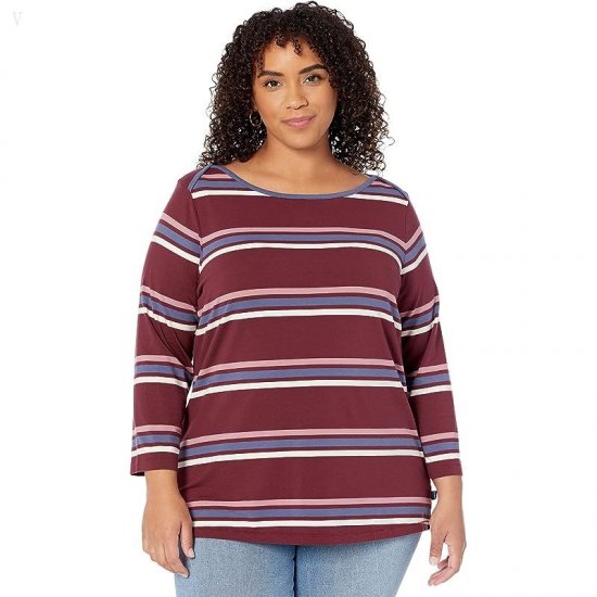 L.L.Bean Plus Size Soft Stretch Supima Boatneck 3/4 Sleeve Stripe Deep Wine Multi Stripe ID-39VjXnO6