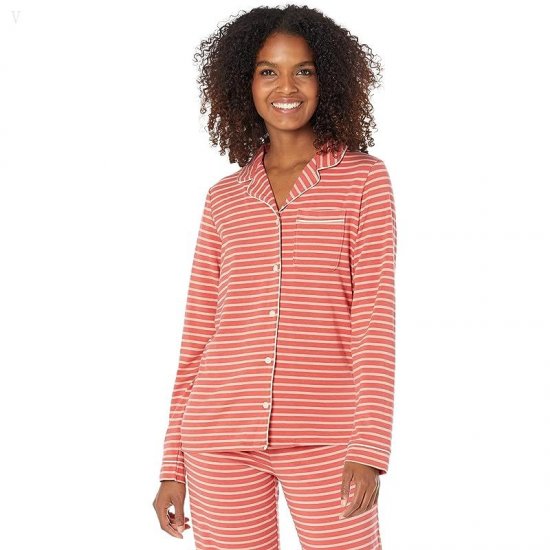 L.L.Bean Super Soft Shrink-Free Button Front Pajama Set Stripe Deep Coral ID-u9k1fbKb