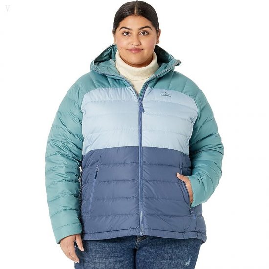 L.L.Bean Plus Size Down Hooded Jacket Color-Block Vintage Indigo/Mineral Blue ID-itcCtQeN