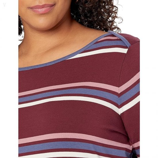 L.L.Bean Plus Size Soft Stretch Supima Boatneck 3/4 Sleeve Stripe Deep Wine Multi Stripe ID-39VjXnO6