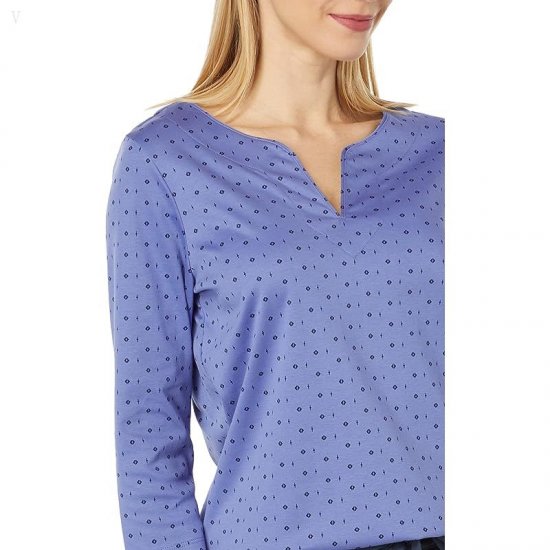 L.L.Bean Pima Tops Split-Neck Tunic 3/4 Sleeve Print Larkspur Geo Dot ID-iIcYxRLI