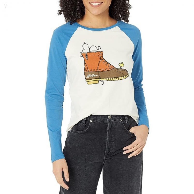 L.L.Bean L.L.Bean x Peanuts Raglan Long Sleeve T-Shirt Bean Boot Cream/Marine Blue ID-Q48SgjmH - Click Image to Close