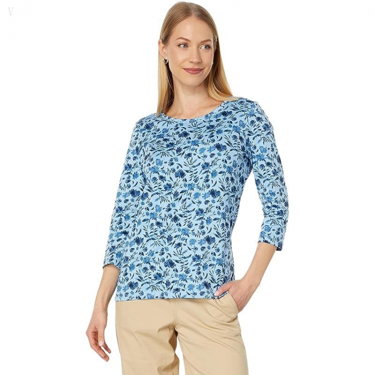 L.L.Bean Pima Cotton Shaped Jewelneck 3/4 Sleeve Print Lake Watercolor Floral ID-ArJwA6BO - Click Image to Close