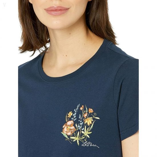 L.L.Bean Graphic Tee Short Sleeve Jess Franks Artwork Classic Navy Floral Embroidery ID-gEd6cEZJ