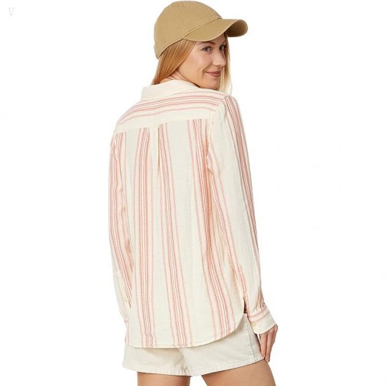 L.L.Bean Cloud Gauze Shirt Long Sleeve Sunlit Coral Stripe ID-a5IrdQaM