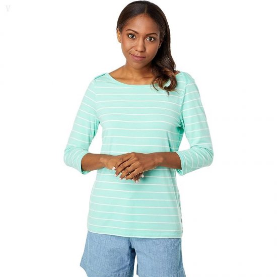 L.L.Bean Soft Stretch Supima Boatneck 3/4 Sleeve Stripe Faded Jade/Sailcloth ID-daFLklUm