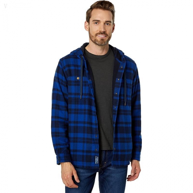 L.L.Bean Fleece Lined Flannel Hooded Snap Front Shirt Slightly Fitted IndigoInk ID-mvz02GM1 - Click Image to Close