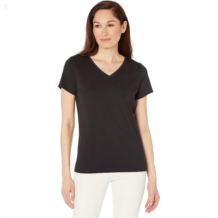 L.L.Bean Pima Tops Shaped V-Neck Short Sleeve Tee Black ID-B01cFBsz - Click Image to Close