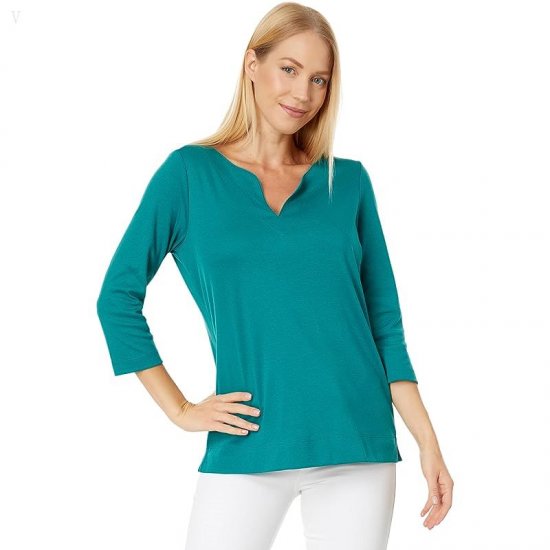 L.L.Bean Pima Tops Split-Neck Tunic 3/4 Sleeve Warm Teal ID-1sXeE1IB