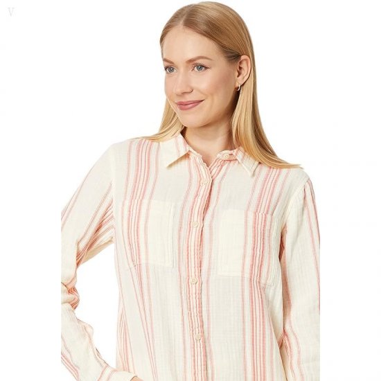 L.L.Bean Cloud Gauze Shirt Long Sleeve Sunlit Coral Stripe ID-a5IrdQaM