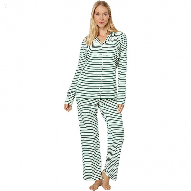 L.L.Bean Super Soft Shrink-Free Button Front Pajama Set Stripe Emerald Spruce ID-WMAnMvzP - Click Image to Close