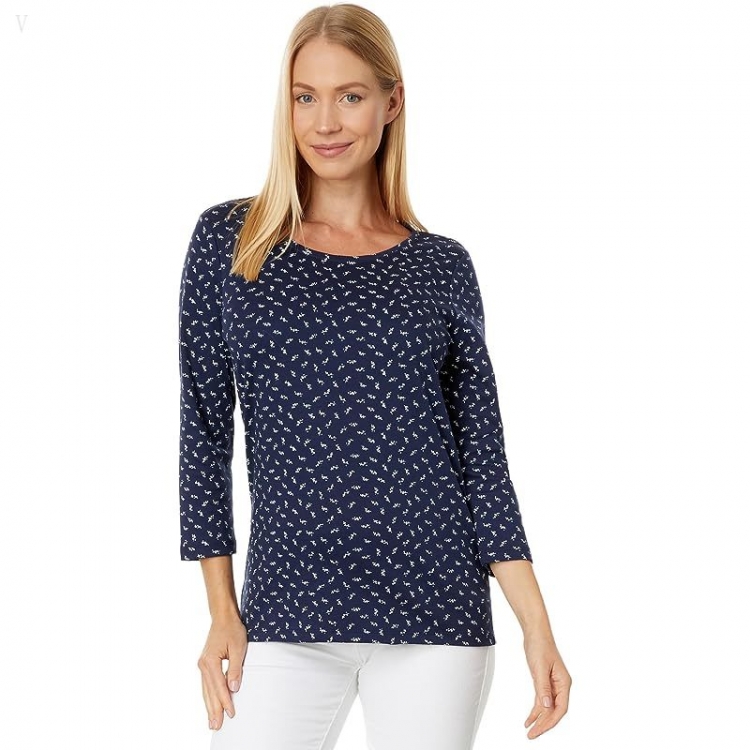 L.L.Bean Pima Cotton Shaped Jewelneck 3/4 Sleeve Print Classic Navy Ditsy Floral ID-8zVR2nbi - Click Image to Close