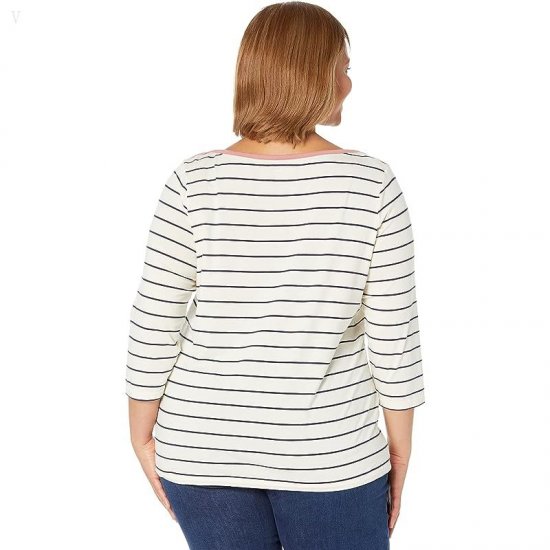 L.L.Bean Plus Size Soft Stretch Supima Boatneck 3/4 Sleeve Stripe Sailcloth/Classic Navy ID-xuuQd884