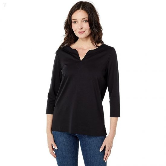 L.L.Bean Pima Tops Split-Neck Tunic 3/4 Sleeve Black ID-YGAeiGAy