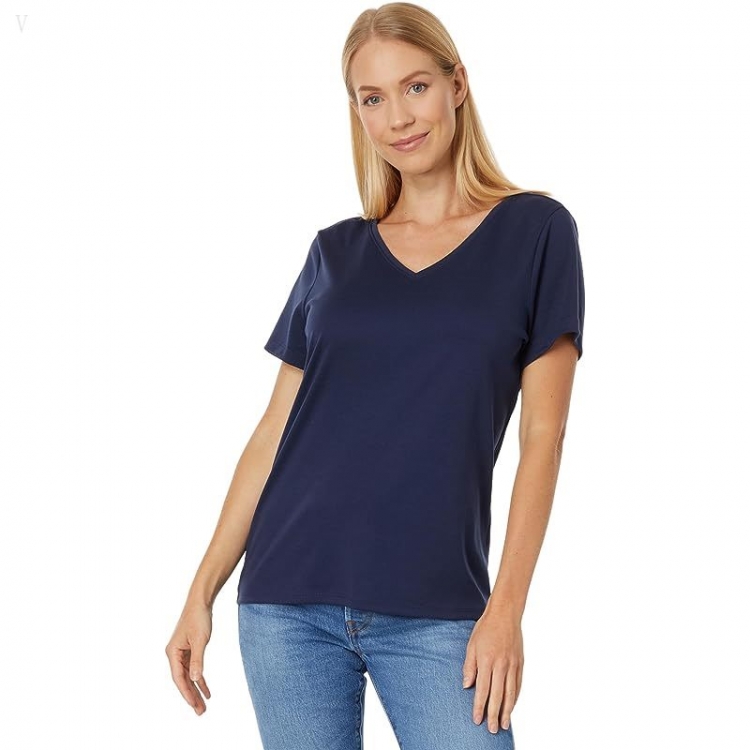 L.L.Bean Petite Pima Tops Shaped V-Neck Short Sleeve Tee Raven Blue ID-56MkfCBK - Click Image to Close