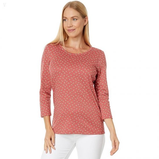 L.L.Bean Pima Cotton Shaped Jewelneck 3/4 Sleeve Print Sienna Brick Ditsy Floral ID-NmSlWWle