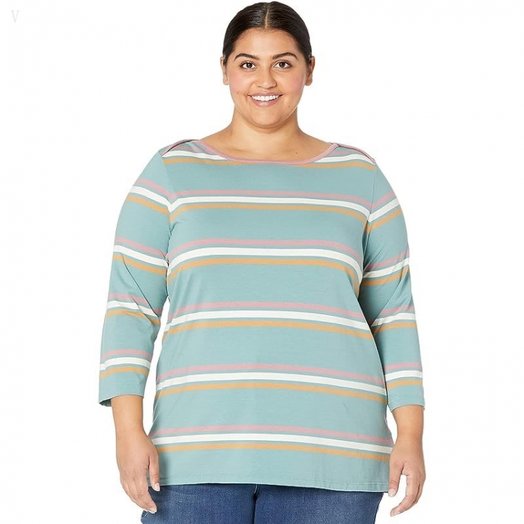 L.L.Bean Plus Size Soft Stretch Supima Boatneck 3/4 Sleeve Stripe Sea Pine Multi Stripe ID-k8pUjASP - Click Image to Close