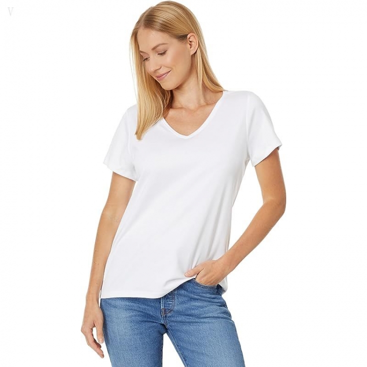 L.L.Bean Petite Pima Tops Shaped V-Neck Short Sleeve Tee White ID-N2WYvJML - Click Image to Close