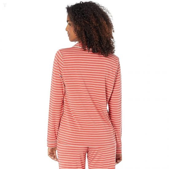 L.L.Bean Super Soft Shrink-Free Button Front Pajama Set Stripe Deep Coral ID-u9k1fbKb