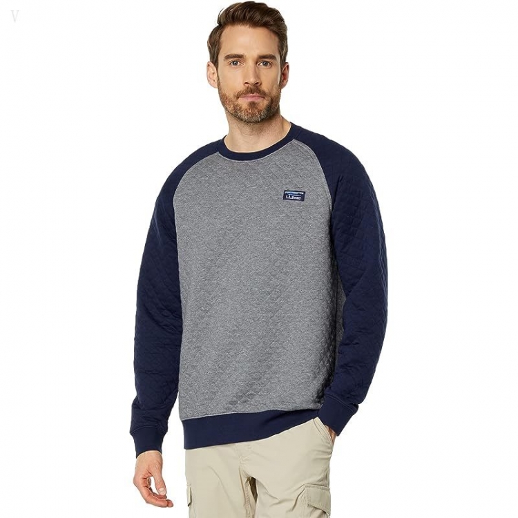 L.L.Bean Quilted Crew Neck Color-Block Gray Heather/Classic Navy ID-7kIv31PU - Click Image to Close